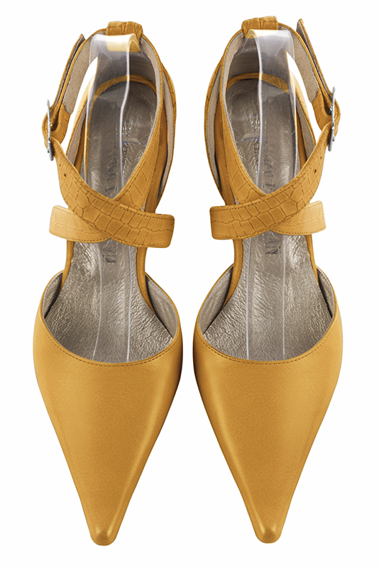 Mustard yellow women's open side shoes, with crossed straps. Pointed toe. Medium comma heels. Top view - Florence KOOIJMAN